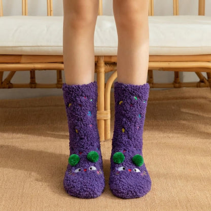 Pink Green Pom-Pom Cartoon Animal Slipper Socks - Purple - EU36-42(US3-8) - image 6