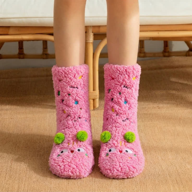 Pink Green Pom-Pom Cartoon Animal Slipper Socks - Pink - EU36-42(US3-8) - image 0