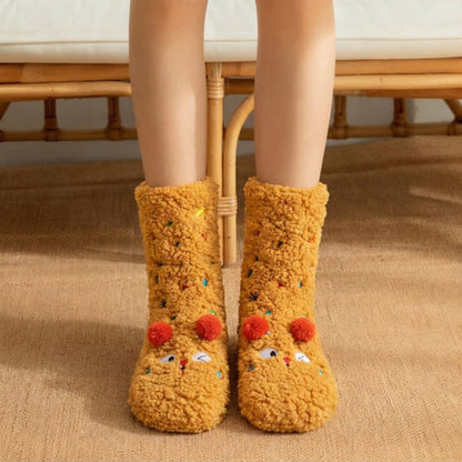 Pink Green Pom-Pom Cartoon Animal Slipper Socks - Brown - EU36-42(US3-8) - image 3