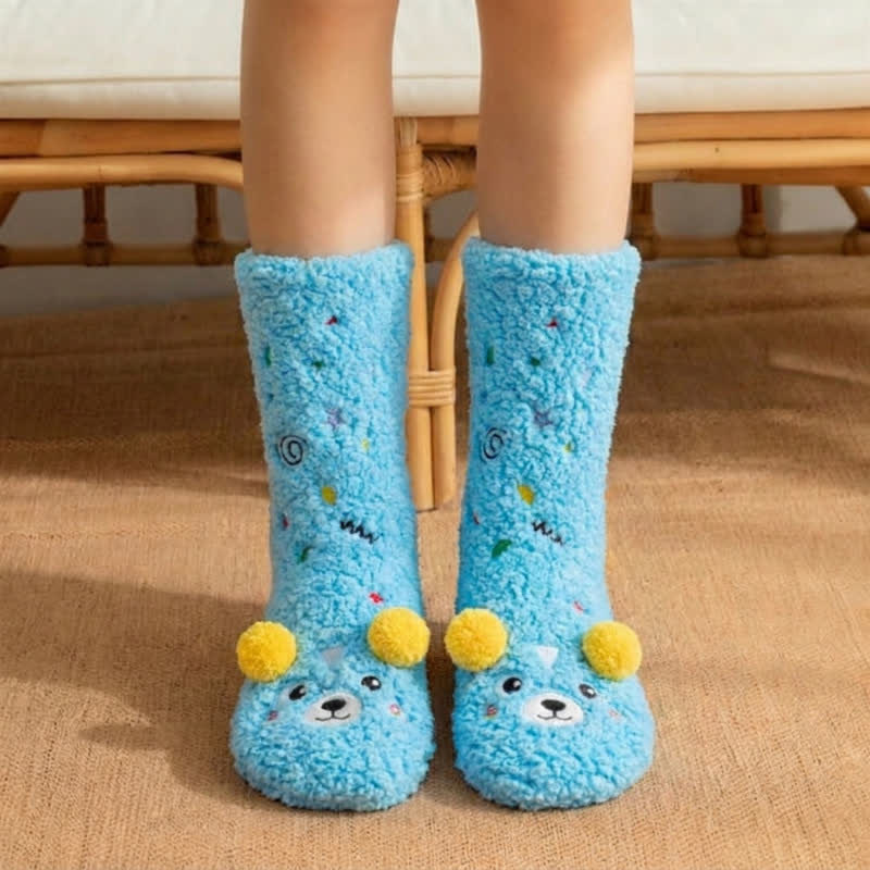 Pink Green Pom-Pom Cartoon Animal Slipper Socks - Blue - EU36-42(US3-8) - image 5