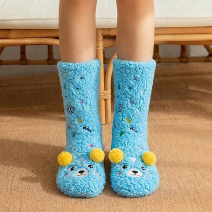 Pink Green Pom-Pom Cartoon Animal Slipper Socks - Blue - EU36-42(US3-8) - image 5