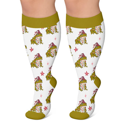 Plus Size Christmas Frog Mouse Compression Socks - Green - 4XL - image 6
