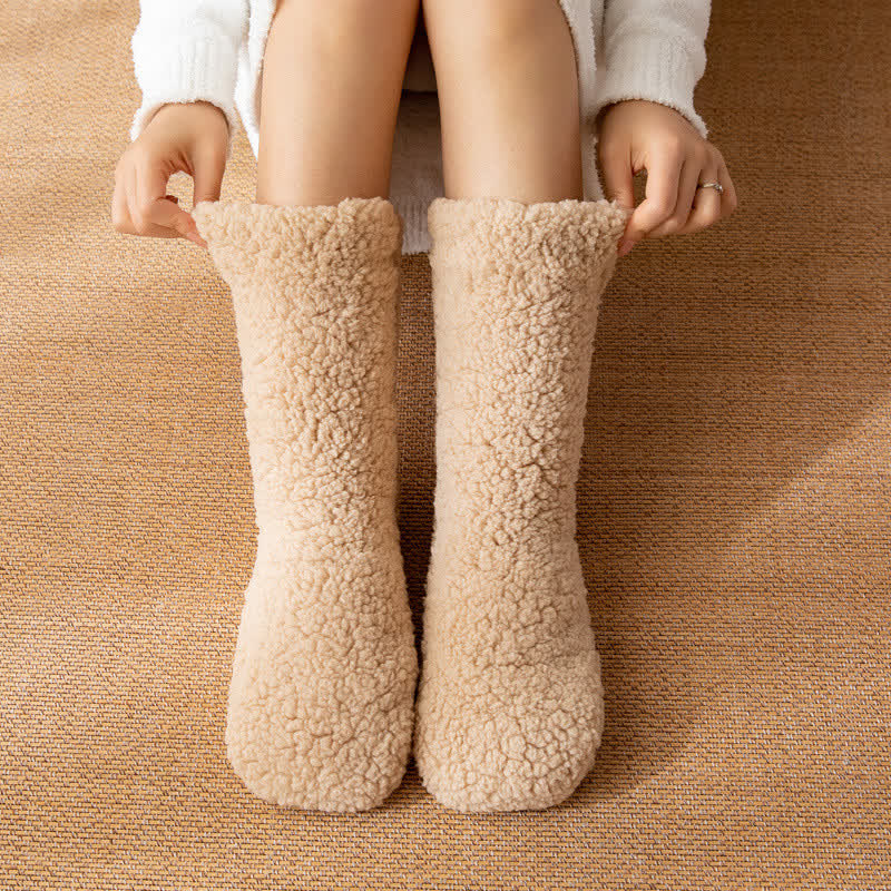 Solid White Fluffy Mid-Calf Slipper Socks (2 Pairs) - Khaki - EU36-42(US3-8.5) - image 1