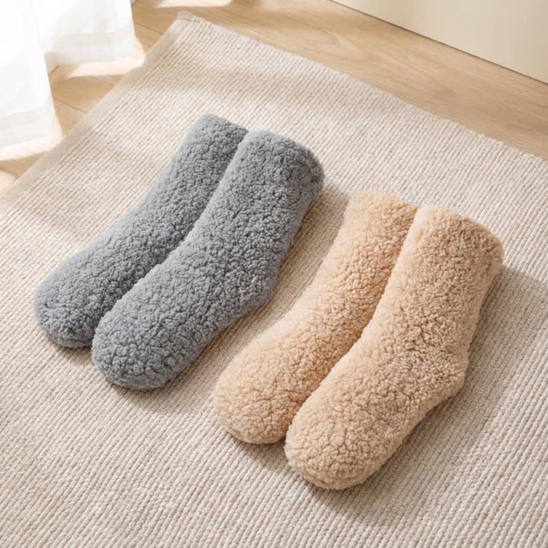 Solid White Fluffy Mid-Calf Slipper Socks (2 Pairs) - Khaki+Grey - EU36-42(US3-8.5) - image 8