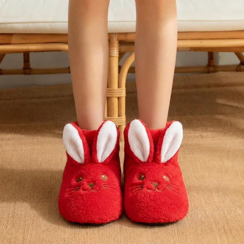 Pink Bunny Ears Plush Fleece Slipper Socks - Red - EU39-41(US6-7.5) - image 5