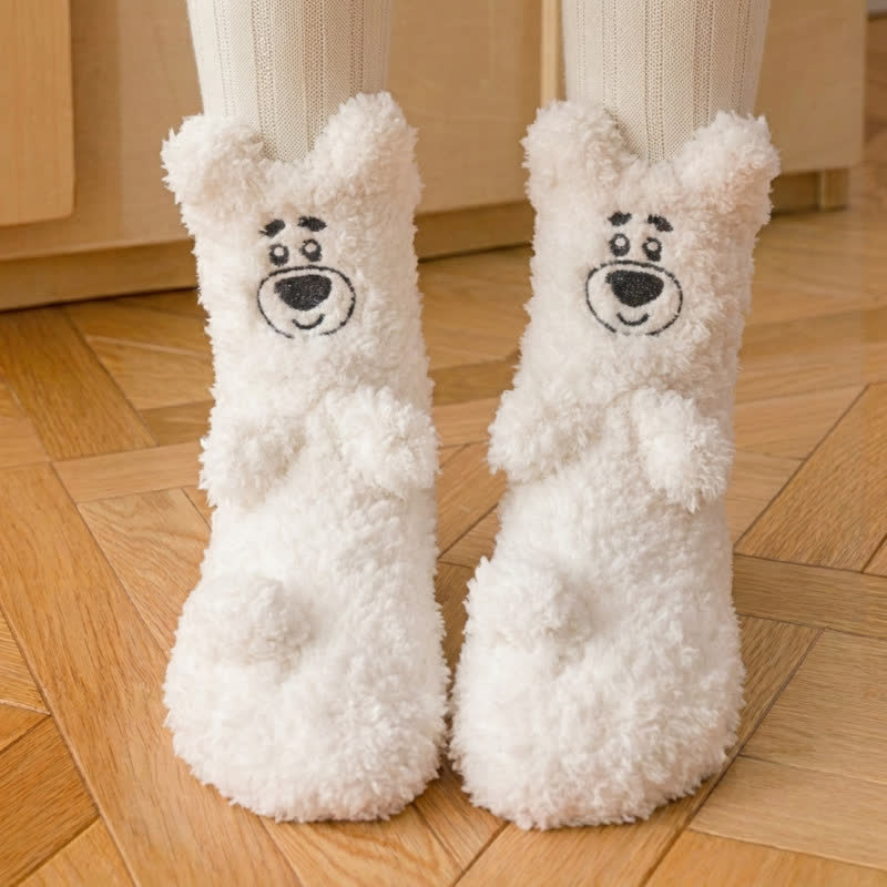 White Animal Face Cute Fleece Slipper Socks - D - EU36-41(US3-7.5) - image 1