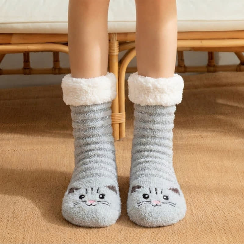 Grey Striped Cat Face Plush Cuff Slipper Socks - Light Green - EU36-40(US3-7) - image 2