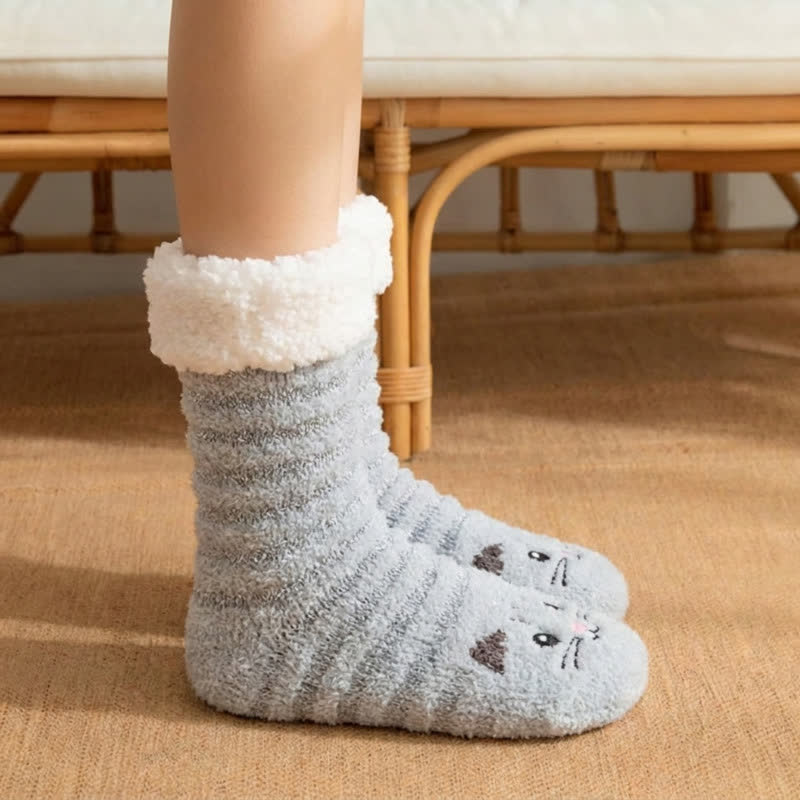 Grey Striped Cat Face Plush Cuff Slipper Socks - image 3