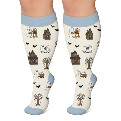 Plus Size Haunted House Ghost Compression Socks - Beige - 4XL - image 5