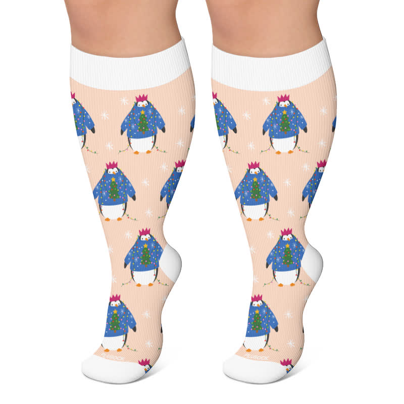 Plus Size Christmas Penguin Compression Socks - Pink - 4XL - image 5