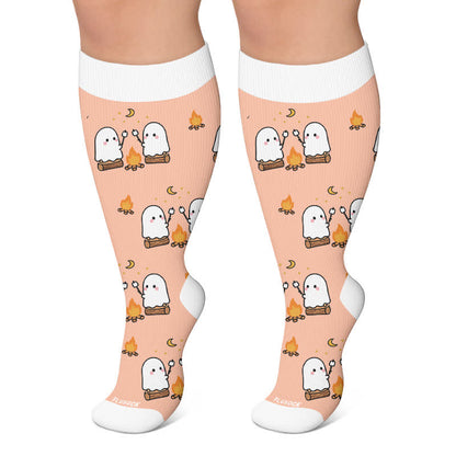 Plus Size Ghosts Pumpkins Campfire Compression Socks - Pink - 4XL - image 6