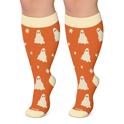 Plus Size Ghosts Pumpkins Campfire Compression Socks - Orange - 4XL - image 4