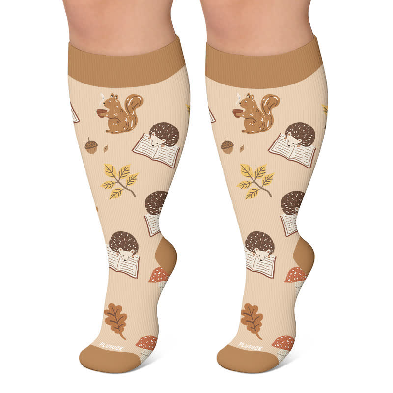 Plus Size Autumn Cats Hedgehogs Compression Socks - Khaki - 4XL - image 5
