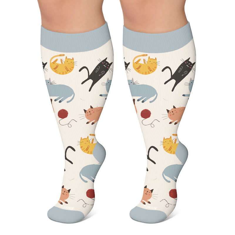 Plus Size Autumn Cats Hedgehogs Compression Socks - Apricot - 4XL - image 4