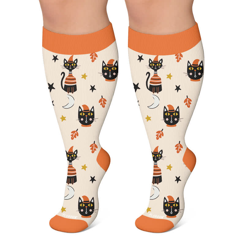 Plus Size Pumpkins Black Cats Compression Socks - Beige - 4XL - image 4