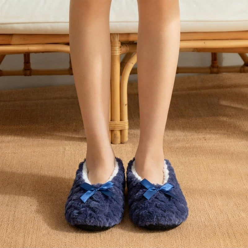 Multi-Color Satin Bow Plush House Slipper Socks - Navy Blue - EU38-40(US5-7) - image 1