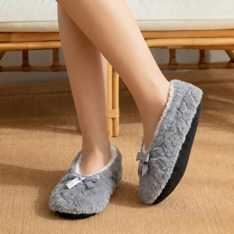 Multi-Color Satin Bow Plush House Slipper Socks - Grey - EU38-40(US5-7) - image 4