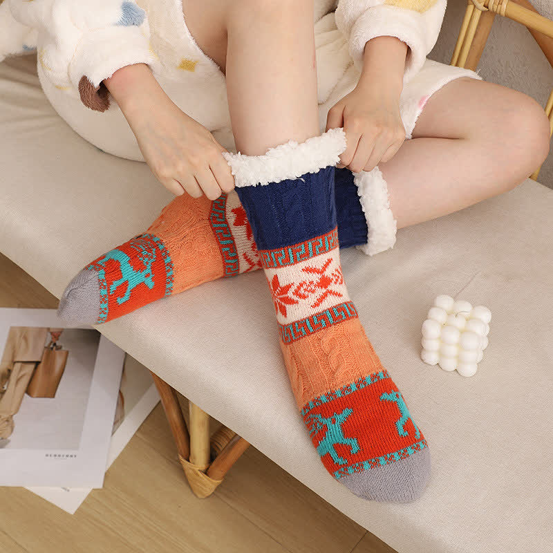 Nordic Winter Deer Pattern Fleece Lined Slipper Socks - B - EU36-42(US3-8.5) - image 1
