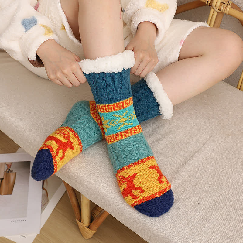 Nordic Winter Deer Pattern Fleece Lined Slipper Socks - A - EU36-42(US3-8.5) - image 0
