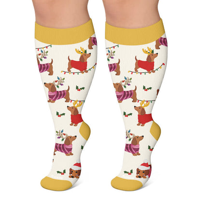 Plus Size Christmas Reindeer Dachshund Dog Compression Socks - Yellow - 4XL - image 5