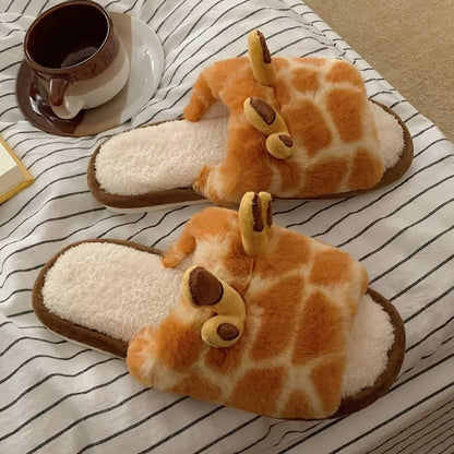 Giraffe Print Plush Open-Toe House Slippers - image 1