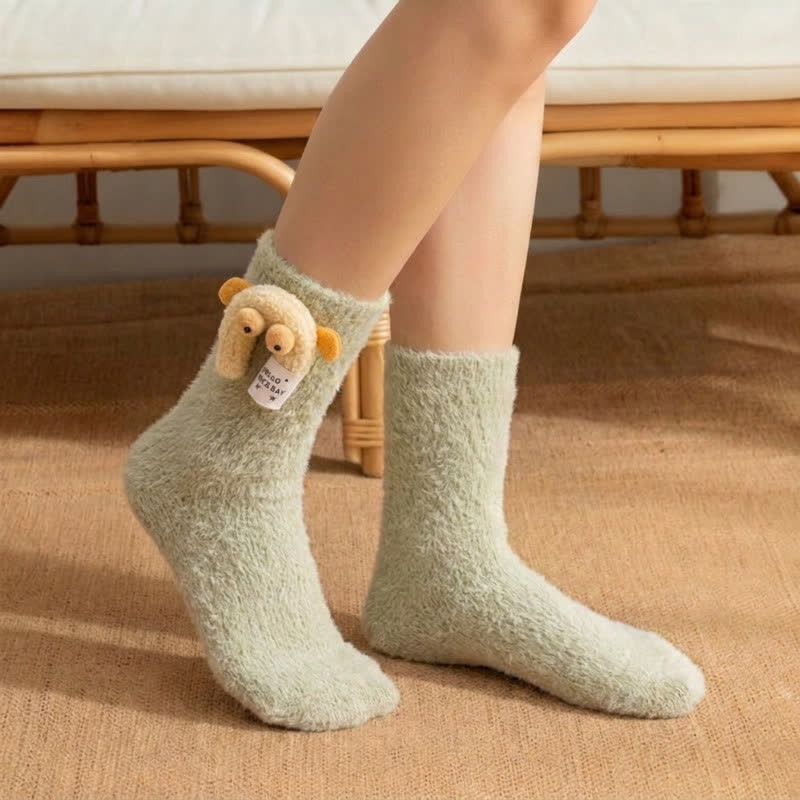 Fluffy Animal Accent Sherpa Lined Crew Socks (2 Pairs) - Green - EU36-42(US3-8.5) - image 7