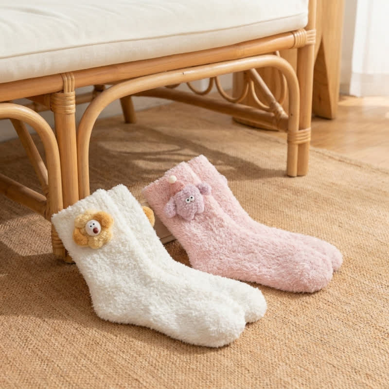 Fluffy Animal Accent Sherpa Lined Crew Socks (2 Pairs) - Light Green+Pink - EU36-42(US3-8.5) - image 10