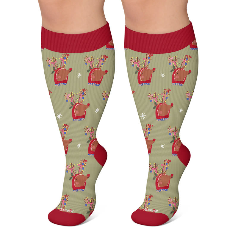 Plus Size Christmas Animal Compression Socks - Green - 4XL - image 6