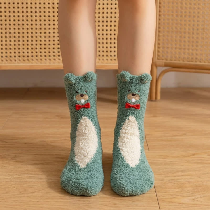 Cute Bear Bow Accent Plush Slipper Socks - Green - EU36-42(US3-8.5) - image 1
