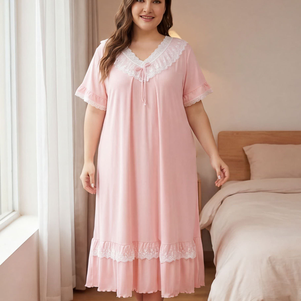 Tencel Lace Nightgown Loungewear - Pink - 4XL - image 0