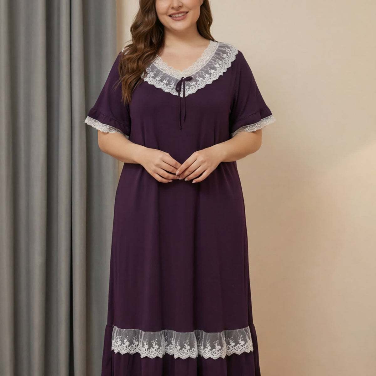 Tencel Lace Nightgown Loungewear - Purple - 4XL - image 1