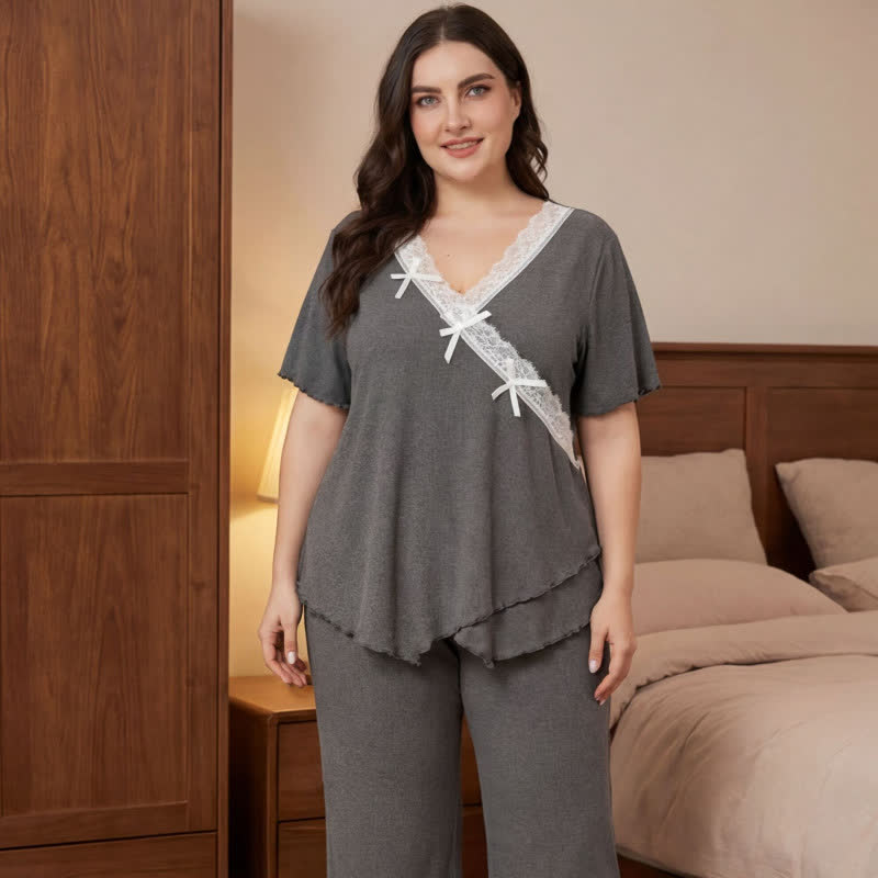Plus Size Soft Pink Lace Trim Pajama Set - Gray - 4XL - image 5