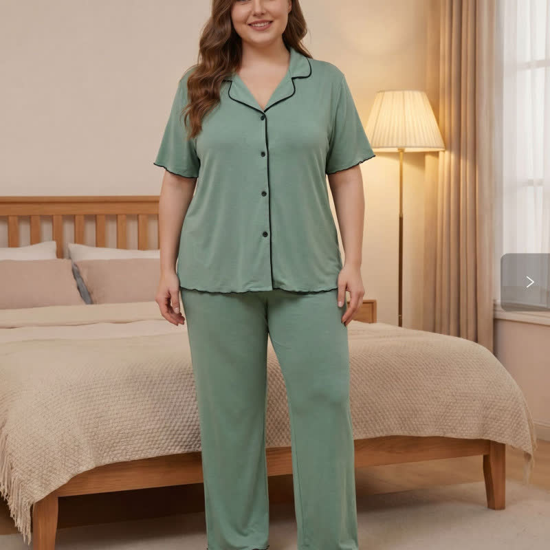 Plus Size Contrast Trim Pajama Set - Green - 4XL - image 13