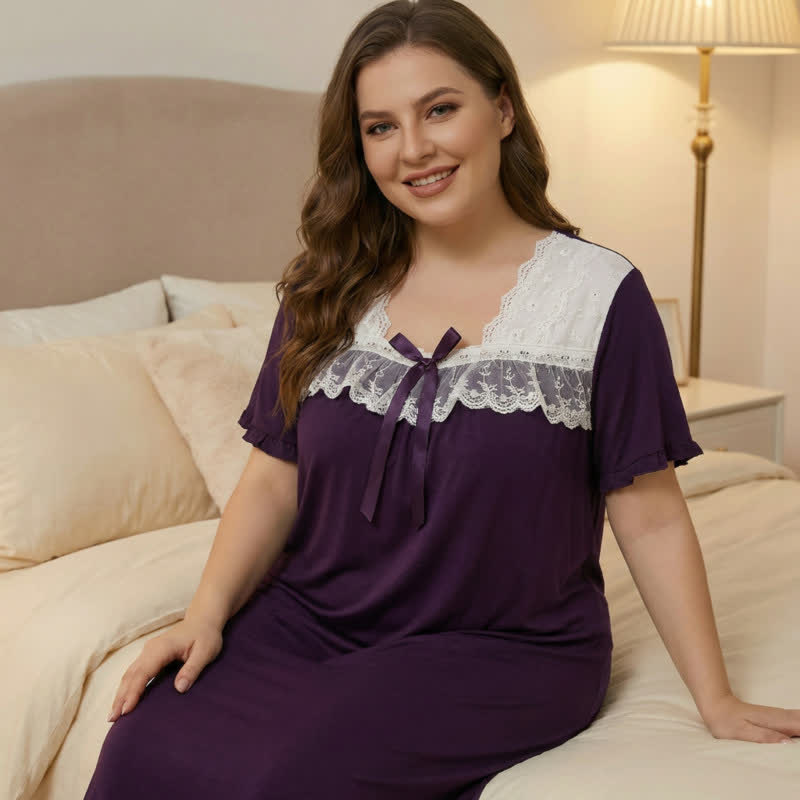 Bow Lace Trim Loungewear - Purple - 4XL - image 7
