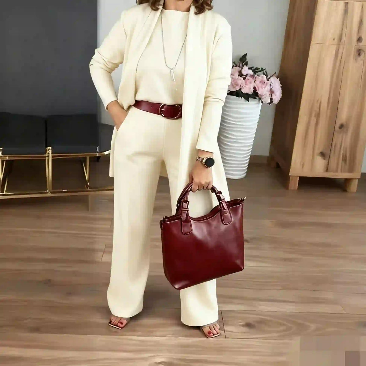 Tencel Blend Belted Wide Leg Three Piece Loungewear Set - Beige - 5XL - image 3