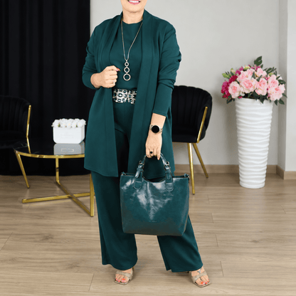Tencel Blend Belted Wide Leg Three Piece Loungewear Set - Green - 5XL - image 8