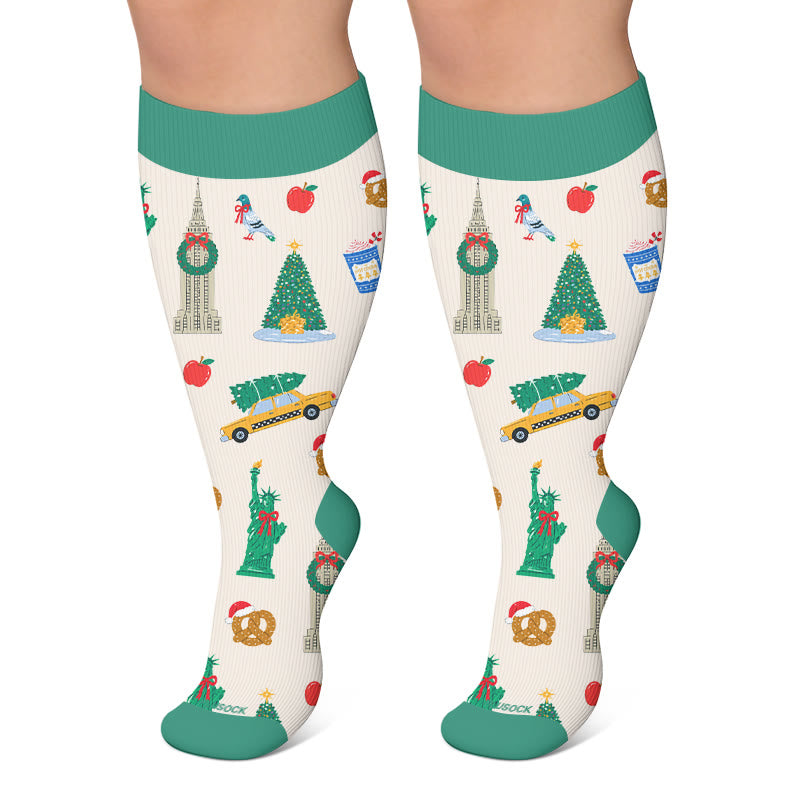 Plus Size Santa Holiday Pattern Compression Socks - Beige - 4XL - image 4