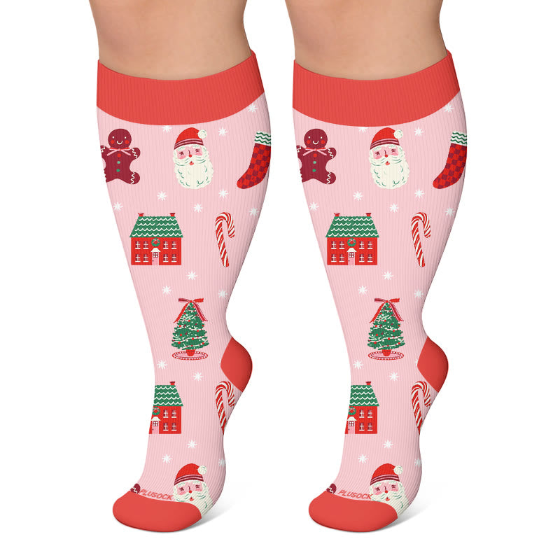 Plus Size Santa Holiday Pattern Compression Socks - Pink - 4XL - image 6
