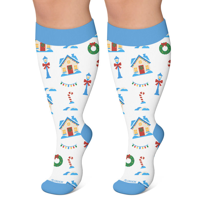Plus Size Santa Holiday Pattern Compression Socks - White - 4XL - image 5