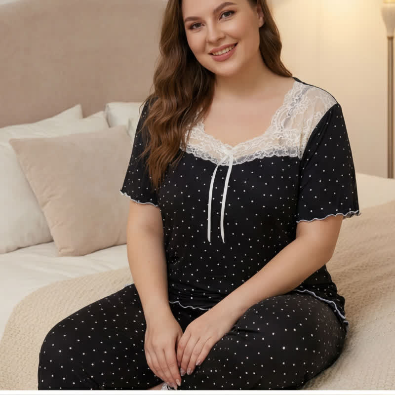 Soft Polka Dot Lace Pajama Set - Black - 4XL - image 1