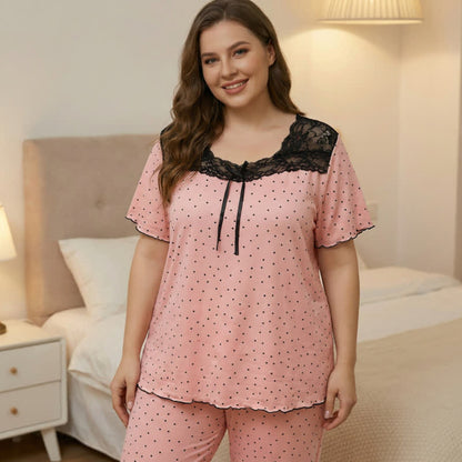 Soft Polka Dot Lace Pajama Set - Pink - 4XL - image 0