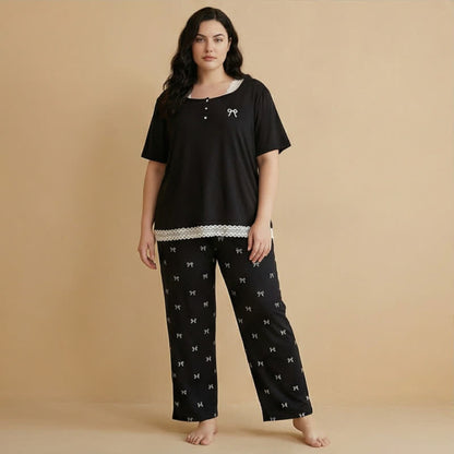 Lace Trim Bow Pajama Set - Black - 4XL - image 3