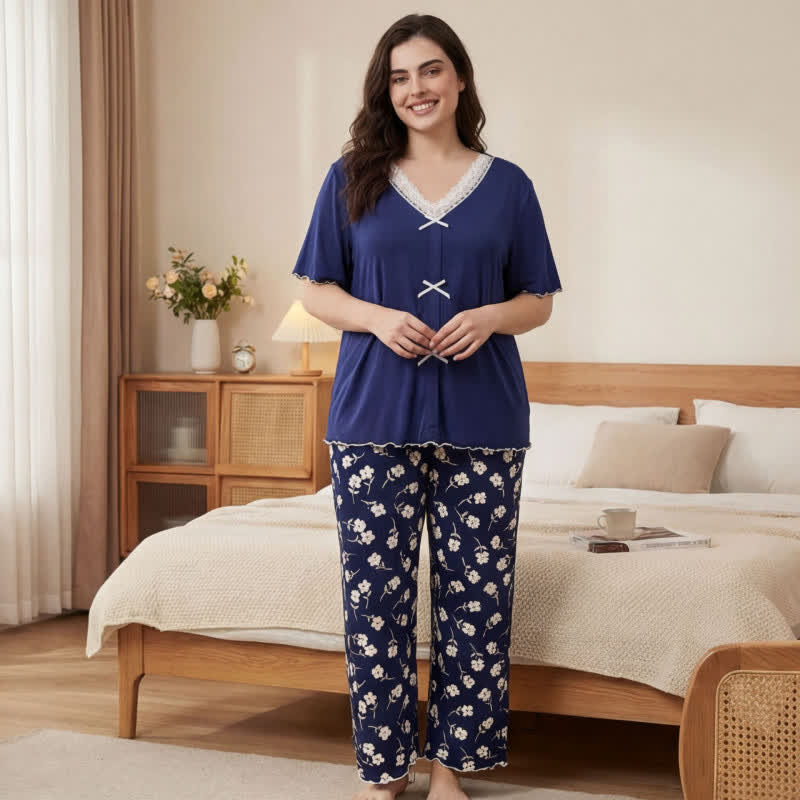 Flower Lace Bow Pajama Set - Navy - 4XL - image 0