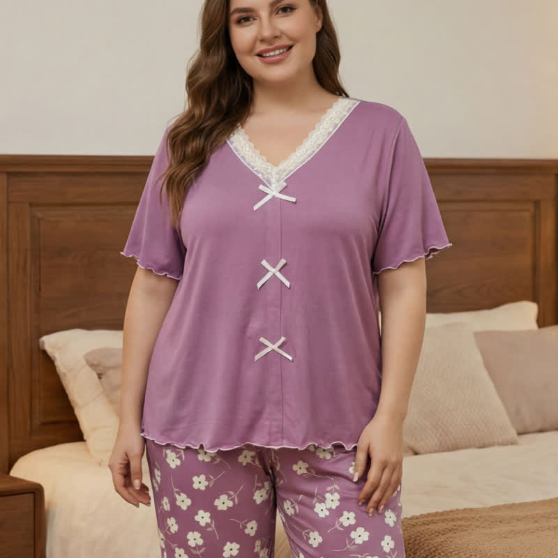 Flower Lace Bow Pajama Set - Light Purple - 4XL - image 2