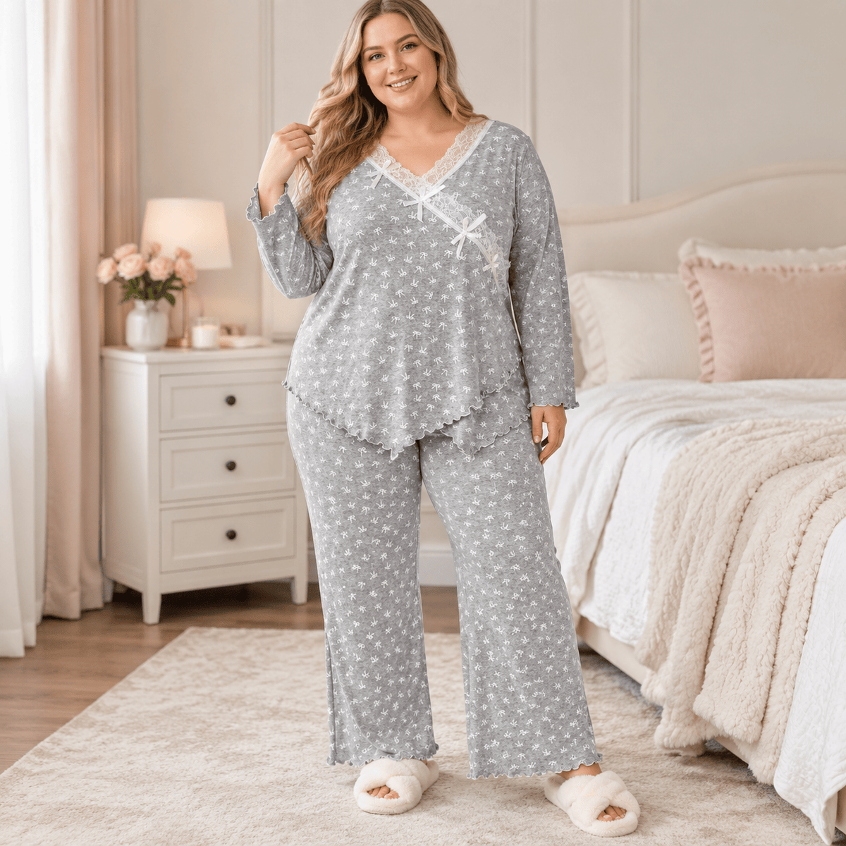 Bow Lace Wrap Pajama Set - Grey - 4XL - image 0
