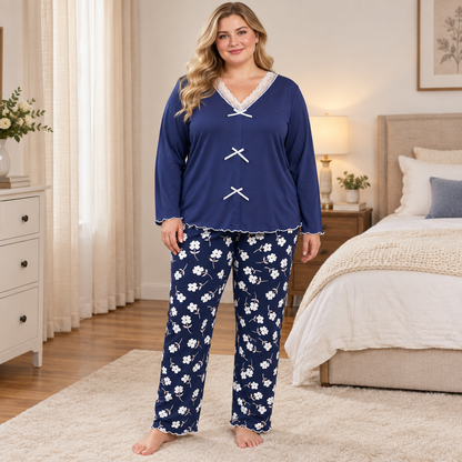 Blue Lace Bow Floral Pajama Set - Blue - 4XL - image 0