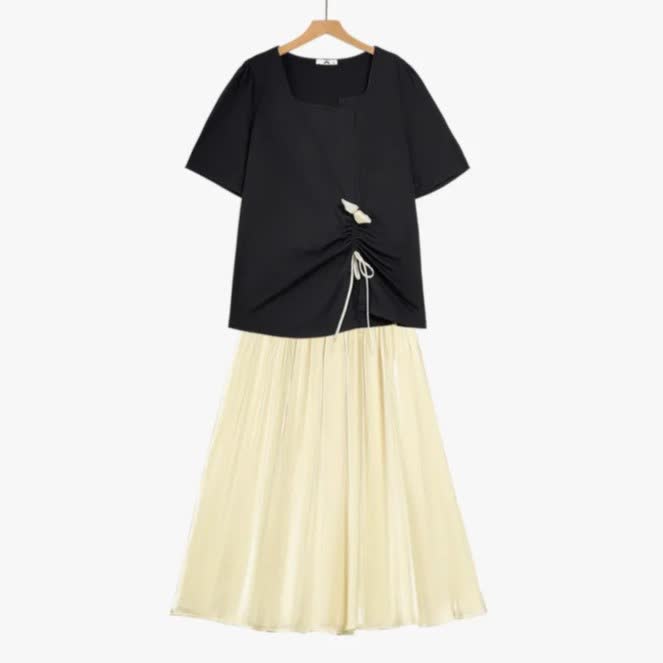 Plus Size Drawstring Top and Flowy Skirt Set - 2Pcs Set - 6XL - image 0
