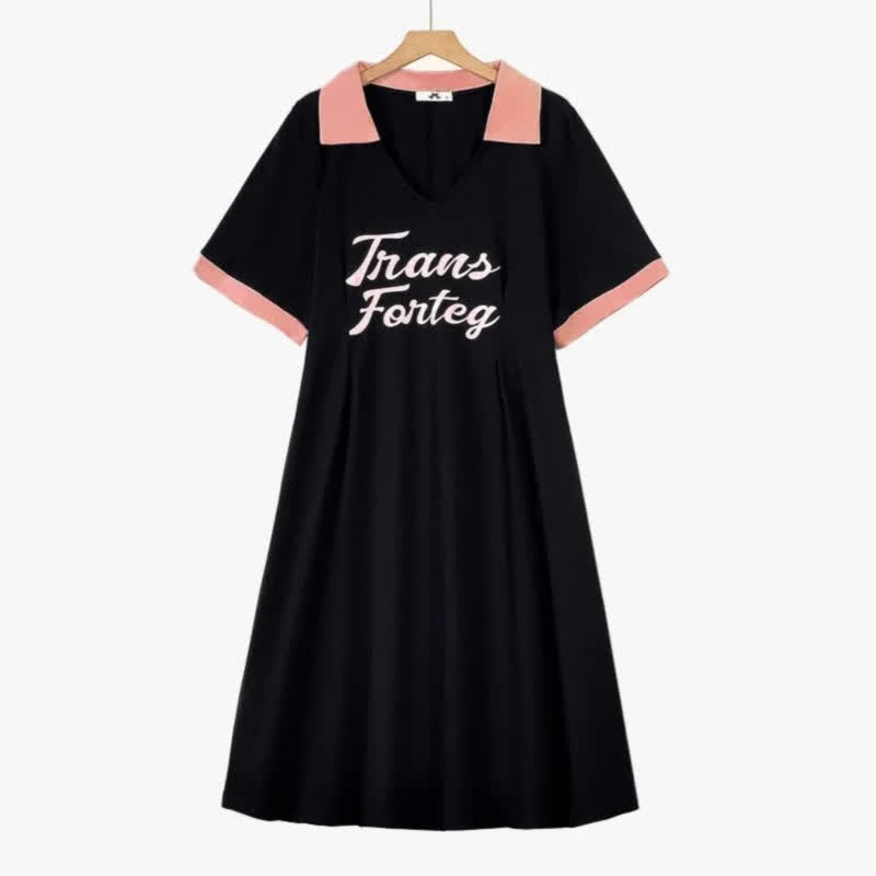 Contrast Collar Short Sleeve Midi Dress - Black - 6XL - image 0