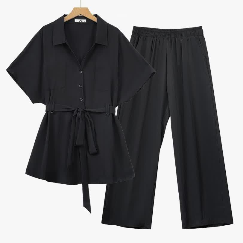 Plus Size Black Tie Waist Shirt and Wide Leg Pants Set - Black - 6XL - image 0