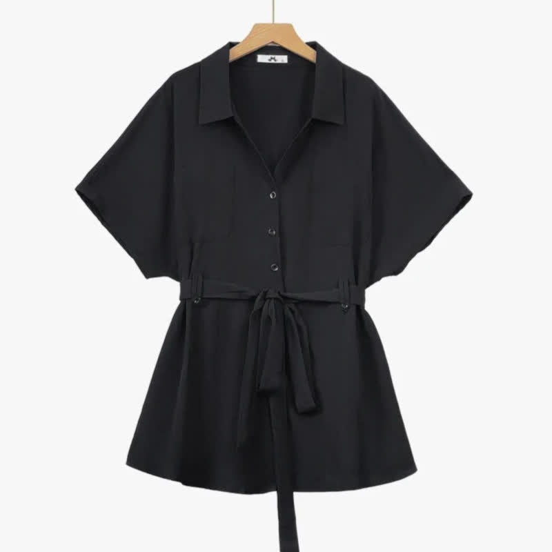 Plus Size Black Tie Waist Shirt and Wide Leg Pants Set - image 1